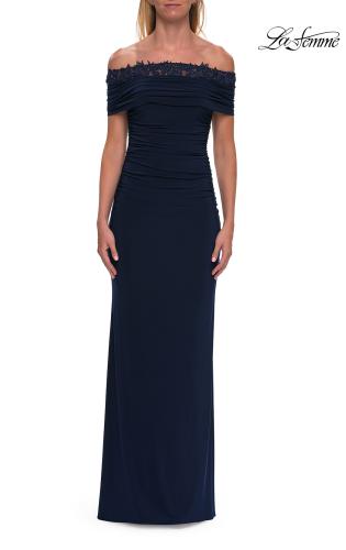 Picture of: Off the Shoulder Lace Trim Evening Gown in Navy, Style: 33329, Detail Picture 3