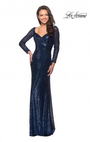 Picture of: Long Sleeve Sequined Gown with Soft V-Neckline in Navy, Style: 25331, Detail Picture 4