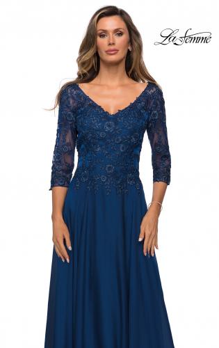 Picture of: Satin Three Quarter Sleeve Dress with V-Neckline in Navy, Style: 28106, Detail Picture 4