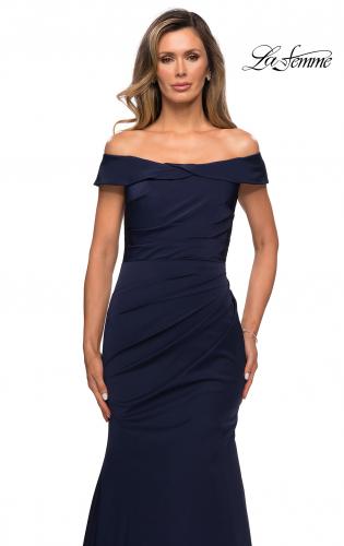 Picture of: Off the Shoulder Satin Evening Gown with Ruching in Navy, Style: 28110, Detail Picture 4