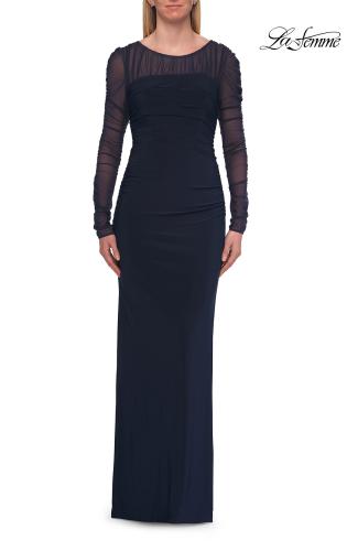 Picture of: Long Sleeve Sheer Net Jersey Gown with Ruching in Navy, Style: 33282, Detail Picture 4