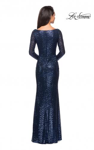Picture of: Long Sleeve Sequined Gown with Soft V-Neckline in Navy, Style: 25331, Detail Picture 5