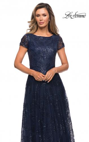 Picture of: Sequin Lace A-line Gown with Sheer Short Sleeves in Navy, Style: 27837, Detail Picture 5