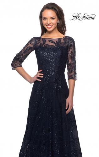 Picture of: A-line Lace Sequin Gown with Sheer Scoop Neckline in Navy, Style: 27942, Detail Picture 5