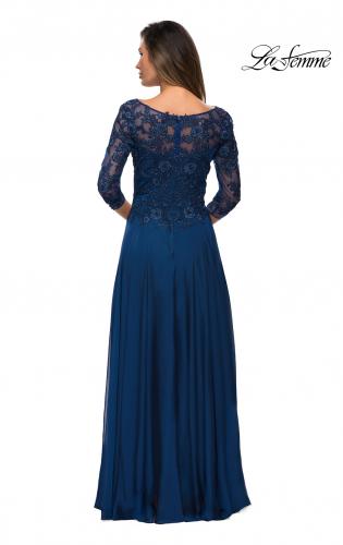 Picture of: Satin Three Quarter Sleeve Dress with V-Neckline in Navy, Style: 28106, Detail Picture 5