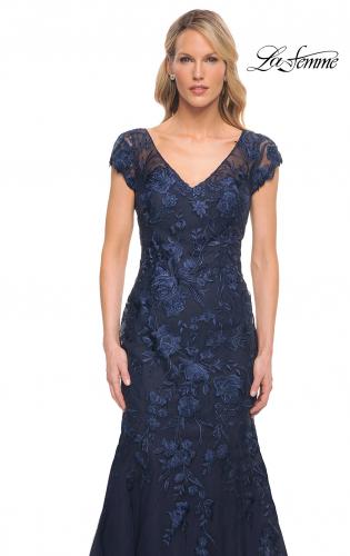 Picture of: Lace and Tulle Mermaid Gown with Cap Sleeves in Blue, Style: 30269, Detail Picture 5