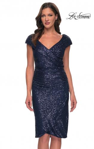 Picture of: Off the Shoulder Sequin Short Evening Dress with Ruching in Navy, Style: 30323, Detail Picture 5