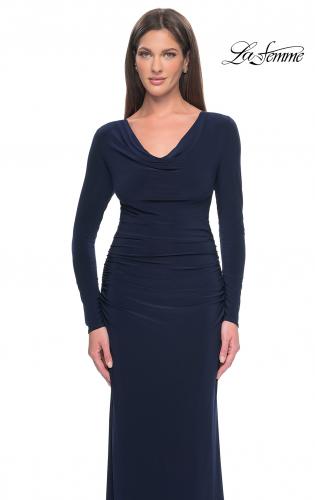 Picture of: Long Jersey Evening Dress with Draped Neckline in Navy, Style: 30813, Detail Picture 5