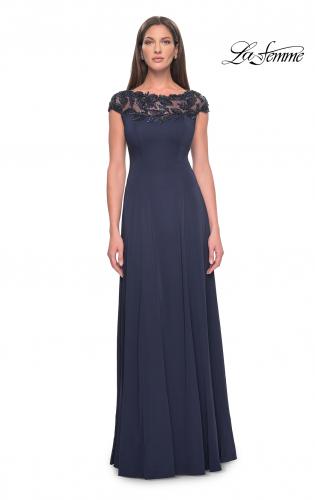 Picture of: A-Line Satin Dress with Stunning Beaded Neckline and Short Sleeves in Navy, Style: 31195, Detail Picture 5