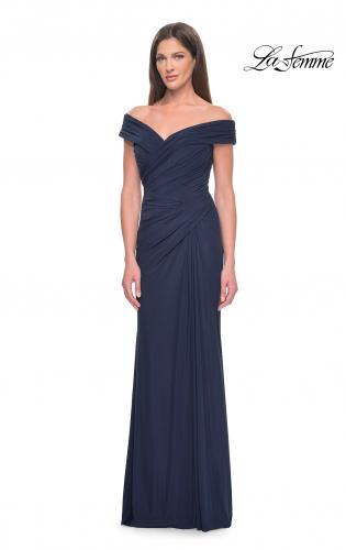Picture of: Off the Shoulder Jersey Evening Gown with Ruching in Navy, Style: 31677, Detail Picture 5