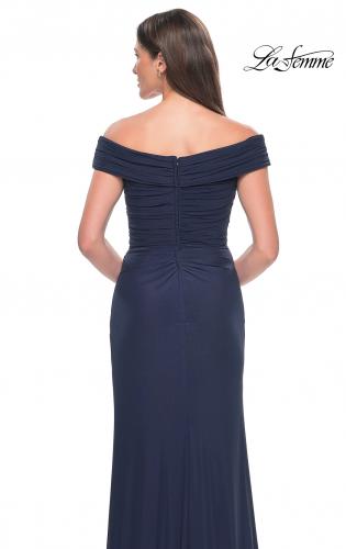 Picture of: Off the Shoulder Jersey Evening Gown with Ruching in Navy, Style: 31677, Detail Picture 6