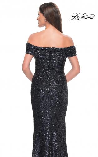 Picture of: Off the Shoulder Sequin Gown with Ruching in Navy, Style: 31772, Detail Picture 6