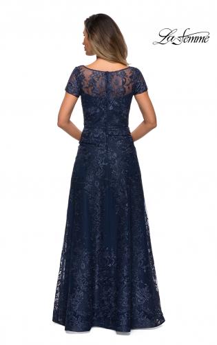 Picture of: Long Lace Dress with Sheer Neckline and Cap Sleeves in Navy, Style: 27935, Detail Picture 7