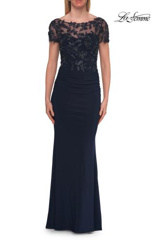 Picture of: Beaded Lace Illusion Bodice Evening Gown in Navy, Style: 33332, Detail Picture 7