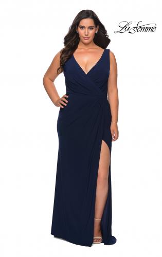 Picture of: Jersey Plus Size Prom Dress with V-Neckline and Slit in Navy, Style: 28882, Main Picture