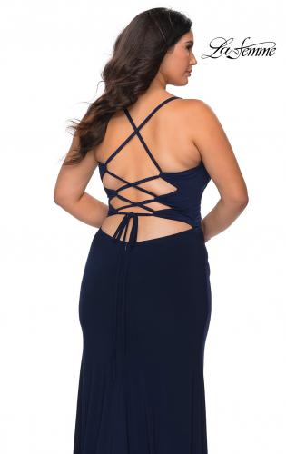 Picture of: Jersey Plus Size Dress with Slit and Lace Up Back in Navy, Style: 29055, Main Picture