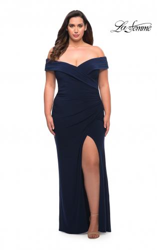 Picture of: Jersey Plus Size Dress with Off the Shoulder Top in Navy, Style: 29397, Main Picture