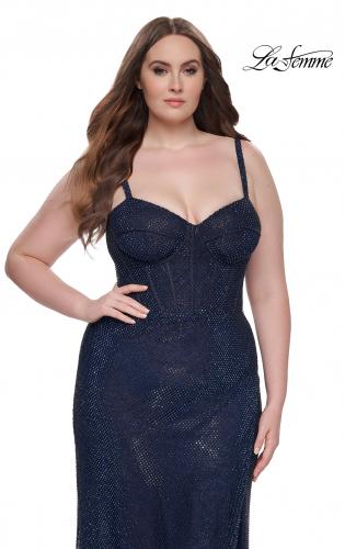 Picture of: Bustier Plus Size Dress with Rhinestone Fishnet Fabric in Navy, Style: 32243, Main Picture