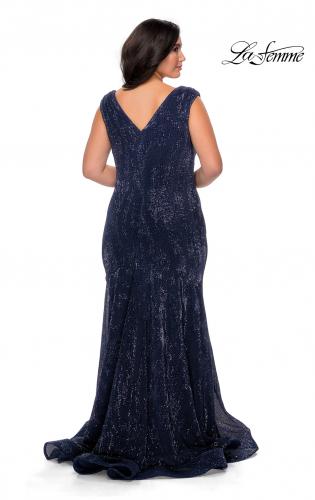 Picture of: Faux Wrap Bodice Sequin Plus Size Prom Gown in Navy, Style: 28962, Back Picture