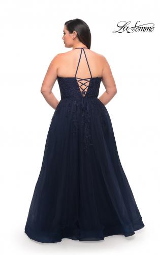 Picture of: Tulle Gown with Lace Bodice and High Neckline in Navy, Style: 29071, Back Picture