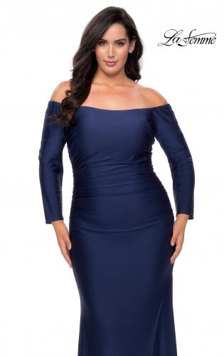 Picture of: Off The Shoulder Jersey Plus Size Long Sleeve Prom Gown in Navy, Style: 28881, Detail Picture 2