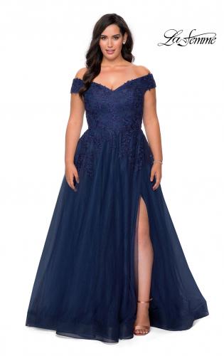 Picture of: Off The Shoulder Tulle Plus Size Gown with Lace in Navy, Style: 28950, Detail Picture 2