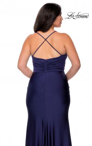 Picture of: Jersey Prom Dress for Curves with Slit and Criss Cross Back in Navy, Style: 29022, Detail Picture 2