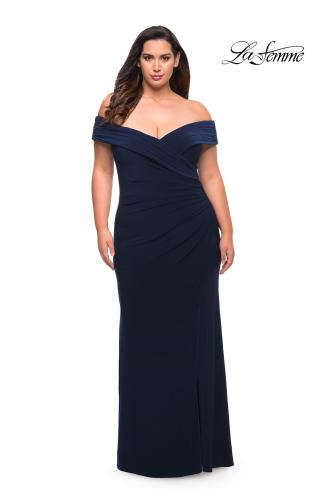 Picture of: Jersey Plus Size Dress with Off the Shoulder Top in Navy, Style: 29397, Detail Picture 2