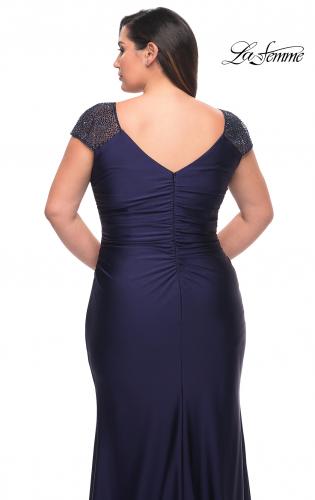 Picture of: Long Jersey Gown with Jeweled Cap Sleeves in Navy, Style: 29481, Detail Picture 2