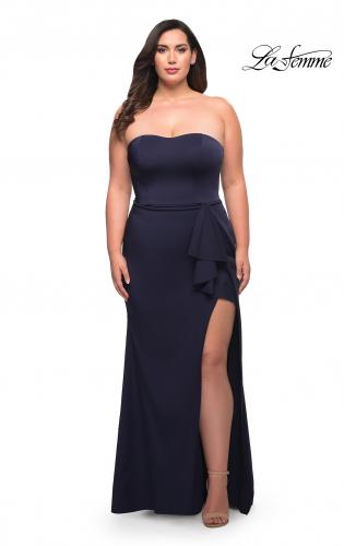Picture of: Strapless Plus Size Dress with Ruffle Slit Detail in Navy, Style: 29664, Detail Picture 2
