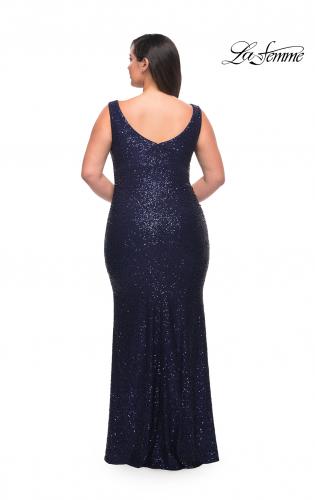 Picture of: Stretch Sequin Plus Size Gown with Slit and V Neck in Navy, Style: 30307, Detail Picture 3