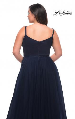 Picture of: Long Plus Size Gown with Tulle Skirt and Satin Top in Navy, Style: 29072, Detail Picture 4