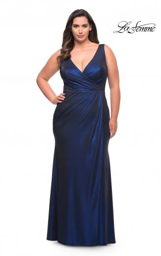 Picture of: Metallic Jersey Plus Gown with Slit and V Neckline in Navy, Style: 30267, Detail Picture 4