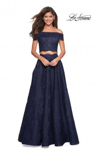 Picture of: Two Piece Off the Shoulder Lace Prom Dress in Navy, Style: 27028, Main Picture