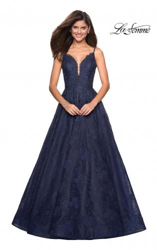 Picture of: Lace Detail Long A Line Prom Dress with Open Back in Navy, Style: 27030, Main Picture