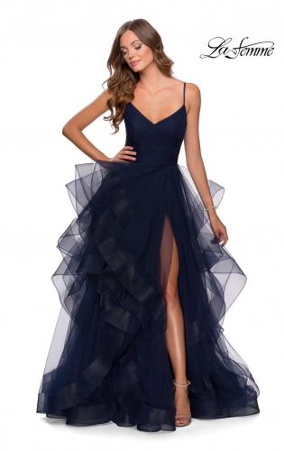 Picture of: Layered Tulle Prom Dress with V Shaped Neckline in Navy, Style: 28502, Main Picture