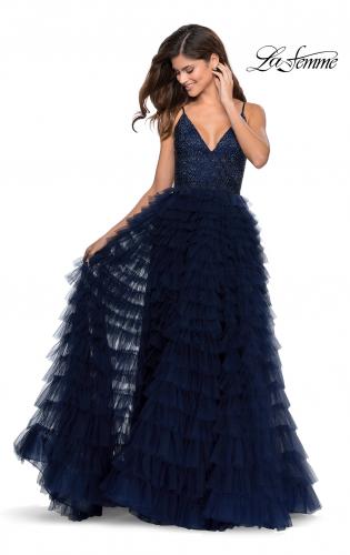 Picture of: Layered Tulle Prom Dress with Sheer Rhinestone Top in Navy, Style: 28788, Main Picture