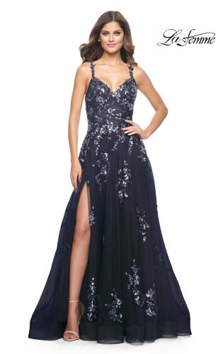Picture of: A-Line Tulle and Floral Sequin Gown with High Slit in Navy, Style: 31936, Main Picture