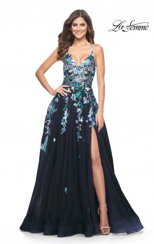 Picture of: Gorgeous Sequin Floral Lace Applique A-Line Tulle Prom Dress in Navy, Style: 32023, Main Picture