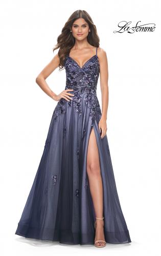Picture of: Two Tone A-Line Tulle Gown with Ruching and Sequin Lace Detail in Navy, Style: 32185, Main Picture