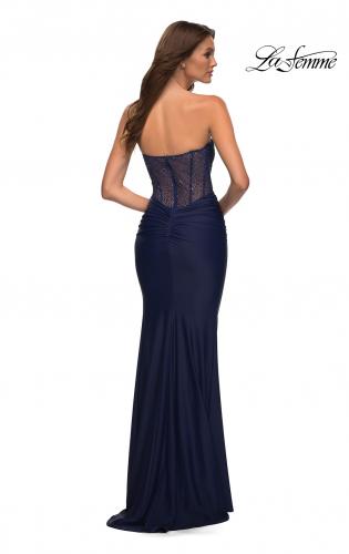 Picture of: Sweetheart Strapless Rhinestone Encrusted Gown in Navy, Detail Picture 8