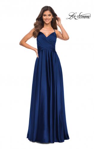 Picture of: Satin Jewel Tone Gown with Criss-Cross Ruched Top in Navy, Style: 30512, Detail Picture 8