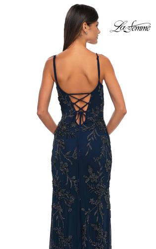 Picture of: Beautiful Beaded Evening Gown with V Neckline and Open Back in Navy, Style: 33054, Detail Picture 8