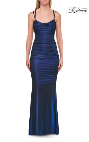 Picture of: Metallic Ruched Prom Dress with Strappy Open Back in Navy, Style: 33609, Detail Picture 8