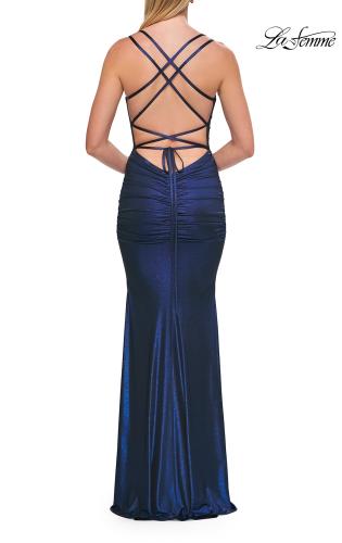 Picture of: Metallic Ruched Prom Dress with Strappy Open Back in Navy, Style: 33609, Detail Picture 9