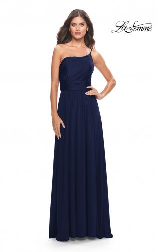 Picture of: Chic One Shoulder Long Jersey Gown with Defined Waist in Navy, Style: 31170, Detail Picture 10