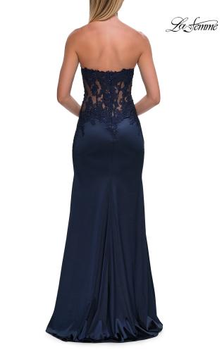 Picture of: Lace and Satin Gown with Sheer Bodice and High Slit in Navy, Style: 33419, Detail Picture 11