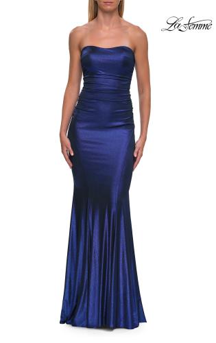 Picture of: Strapless Metallic Jersey Gown with Ruching and Fitted Silhouette in Navy, Style: 33424, Detail Picture 13