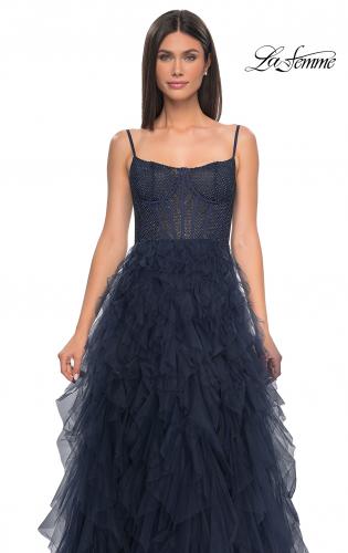Picture of: Tulle A-Line Dress with Ruffle Skirt and Buster Rhinestone Fishnet Bodice in Navy, Style: 32233, Detail Picture 14