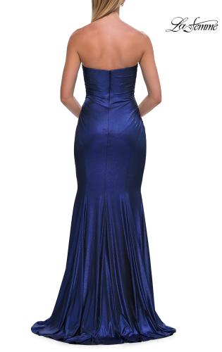 Picture of: Strapless Metallic Jersey Gown with Ruching and Fitted Silhouette in Navy, Style: 33424, Detail Picture 14